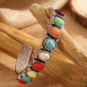 Bohemian Vibrant Colorful Vintage Style Cuff Bracelet Multi Color & Silver